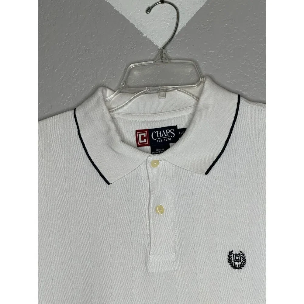 Chaps Men's Polo Shirt White Short Sleeve Black Trim Size Large Dress polo - Picture 3 of 5